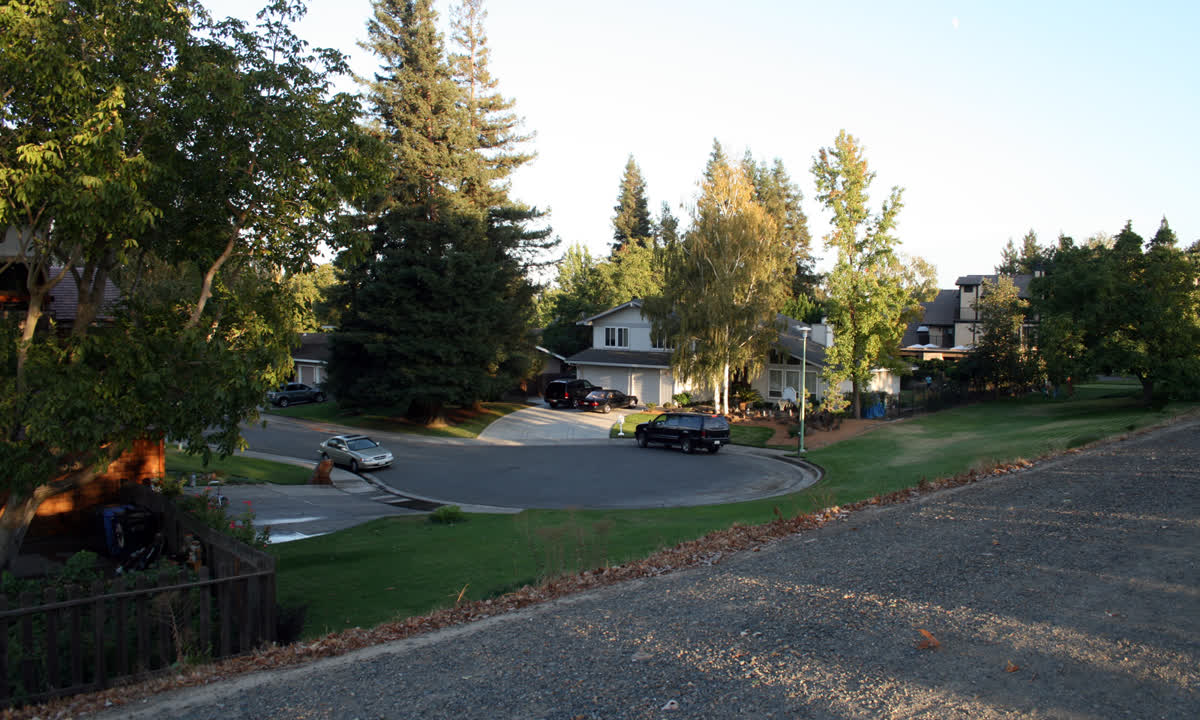 Quiet suburban cul-de-sac with single-story homes and trees in Sacramento